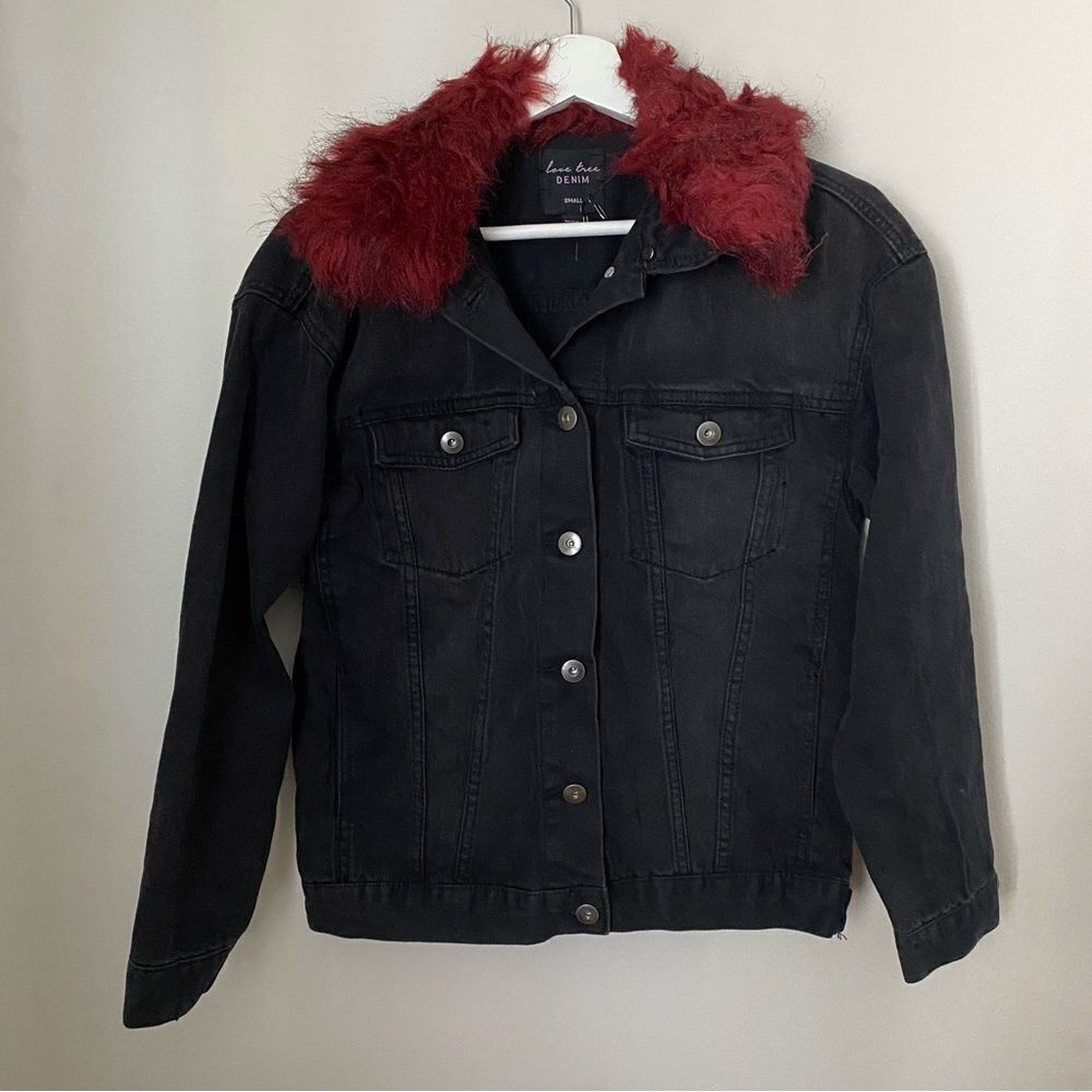 Love Tree Denim Jacket Black Red Fur Collar Removable Casual Fall Vibes - Picture 11 of 11